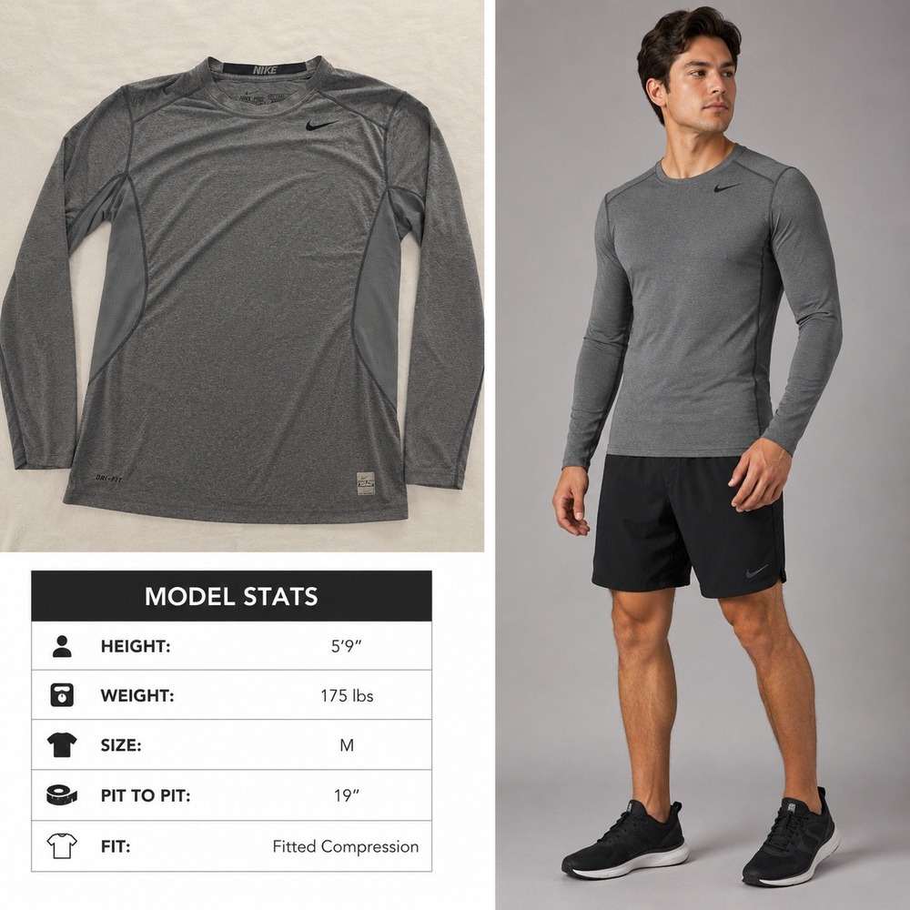 Nike Pro Combat Dri-FIT Mens Medium Gray Long Sleeve Fitted Training Shirt 1042